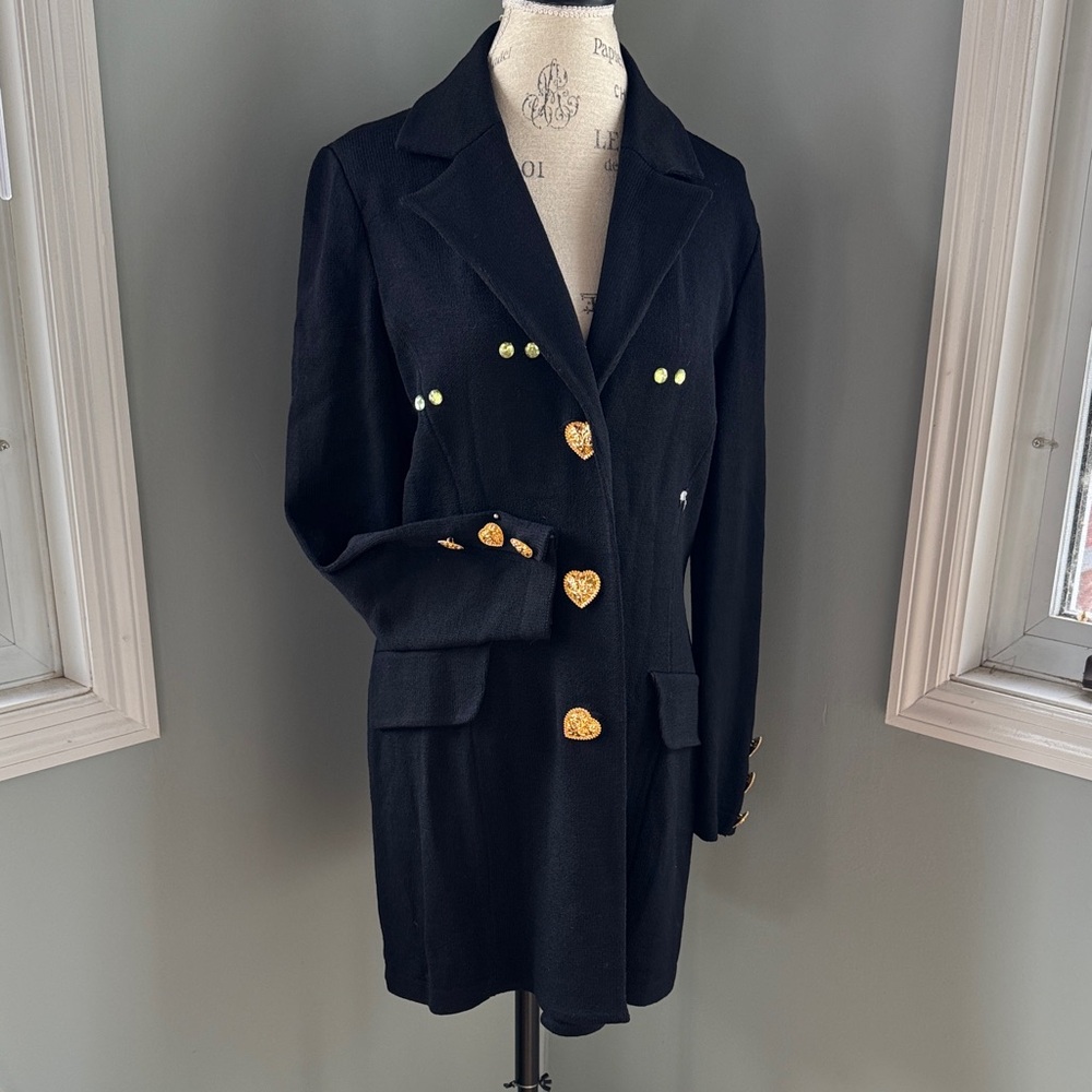 St John black Santana knit long coat gold toned heart buttons Flawed size (12) M